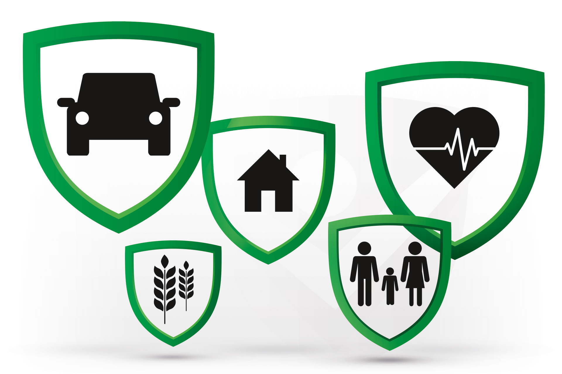 Ikony przedstawiające zakres usług ubezpieczeniowych: ubezpieczenie samochodu, domu, rodziny, upraw rolnych oraz ubezpieczenie zdrowotne i na życie. Ubezpieczenia Głaz online